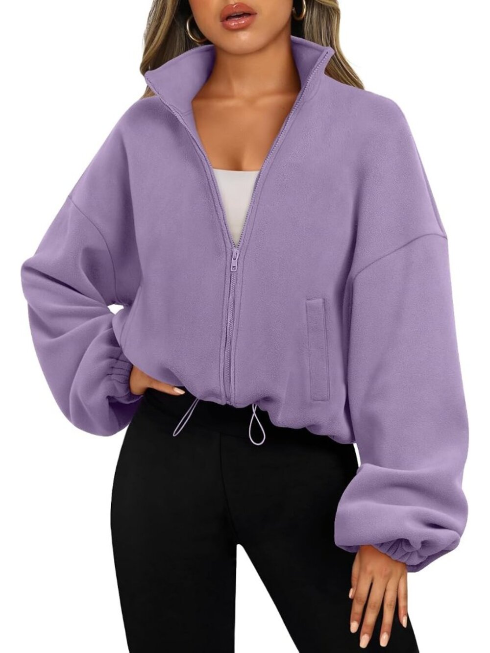 Women's Purple Long Sleeve ZIP Up Oversized Cropped Sweatshirt Fleece Jacket